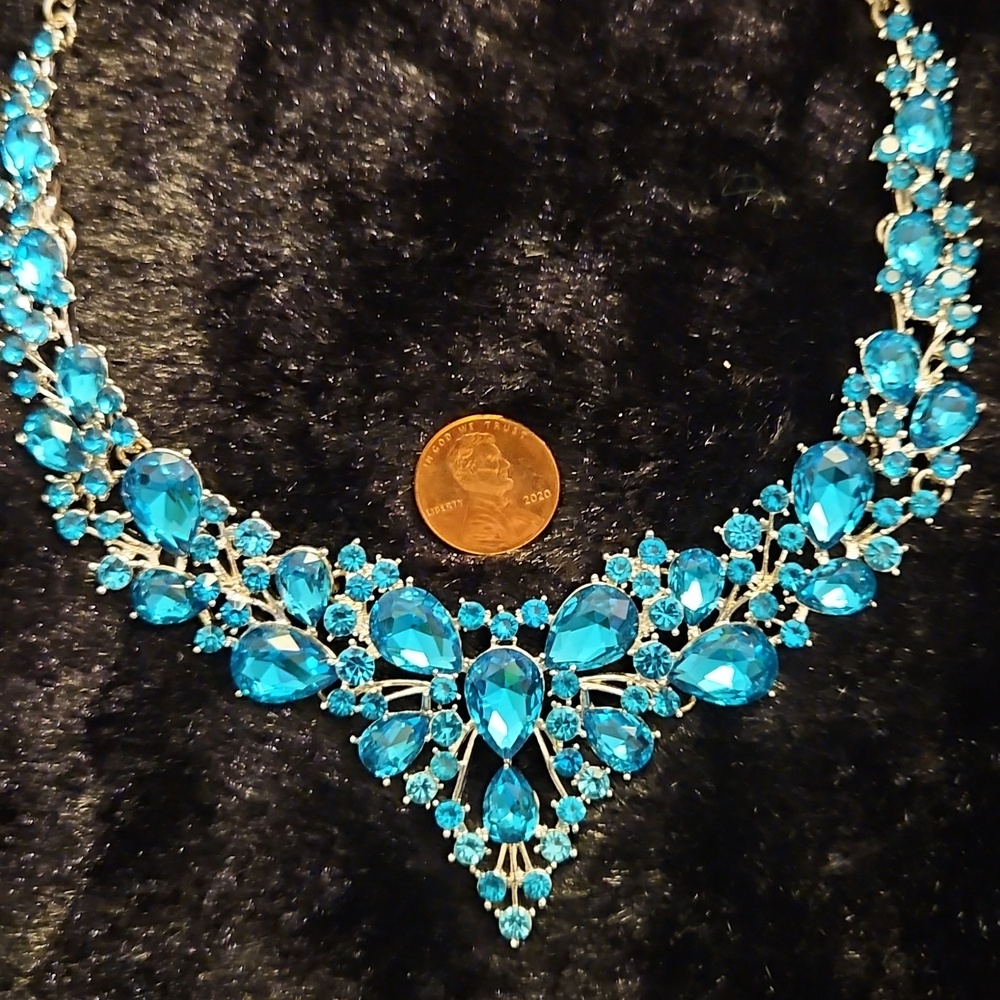 Blue Crystal Statement Necklace and Earring Set 17" + 2" Ext. - Picture 5 of 6